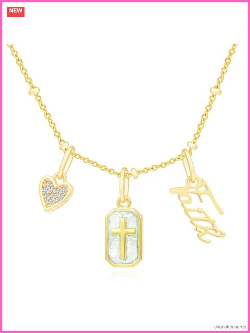 Triple Pendant Necklace Gold Plated Chain Cross Letter Heart Charm Adjustable